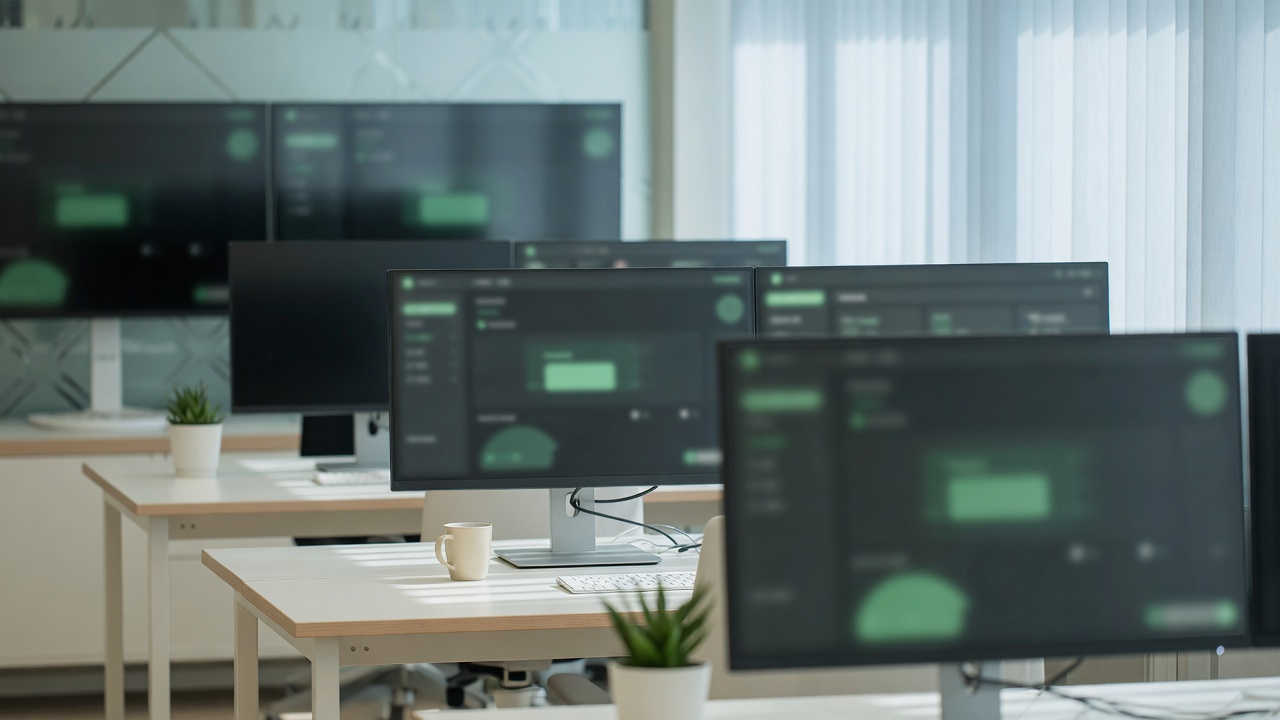 Modern enterprise operations workspace with multi-monitor dashboards