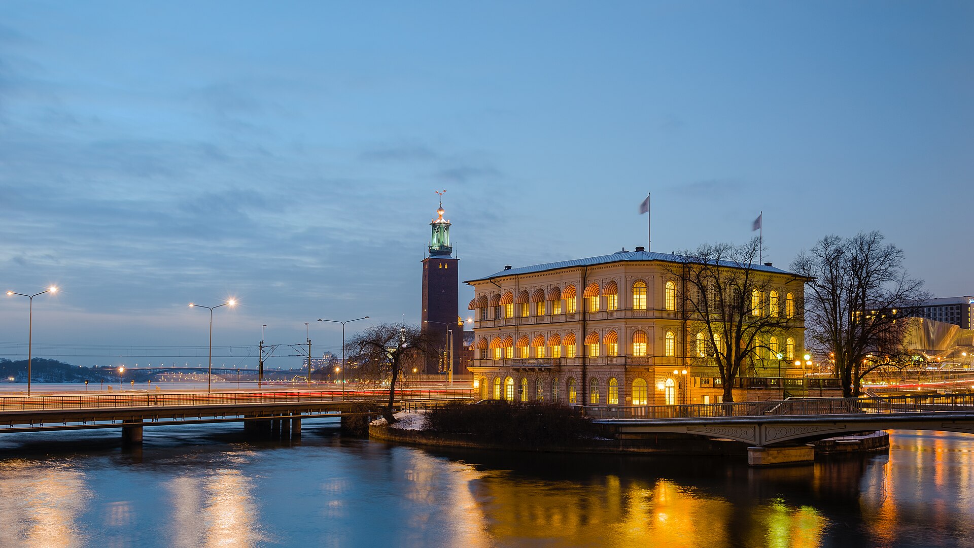 Stockholm, Sweden: Strömsborg and City Hall (Stadshuset) at blue hour, viewed from Vasabron